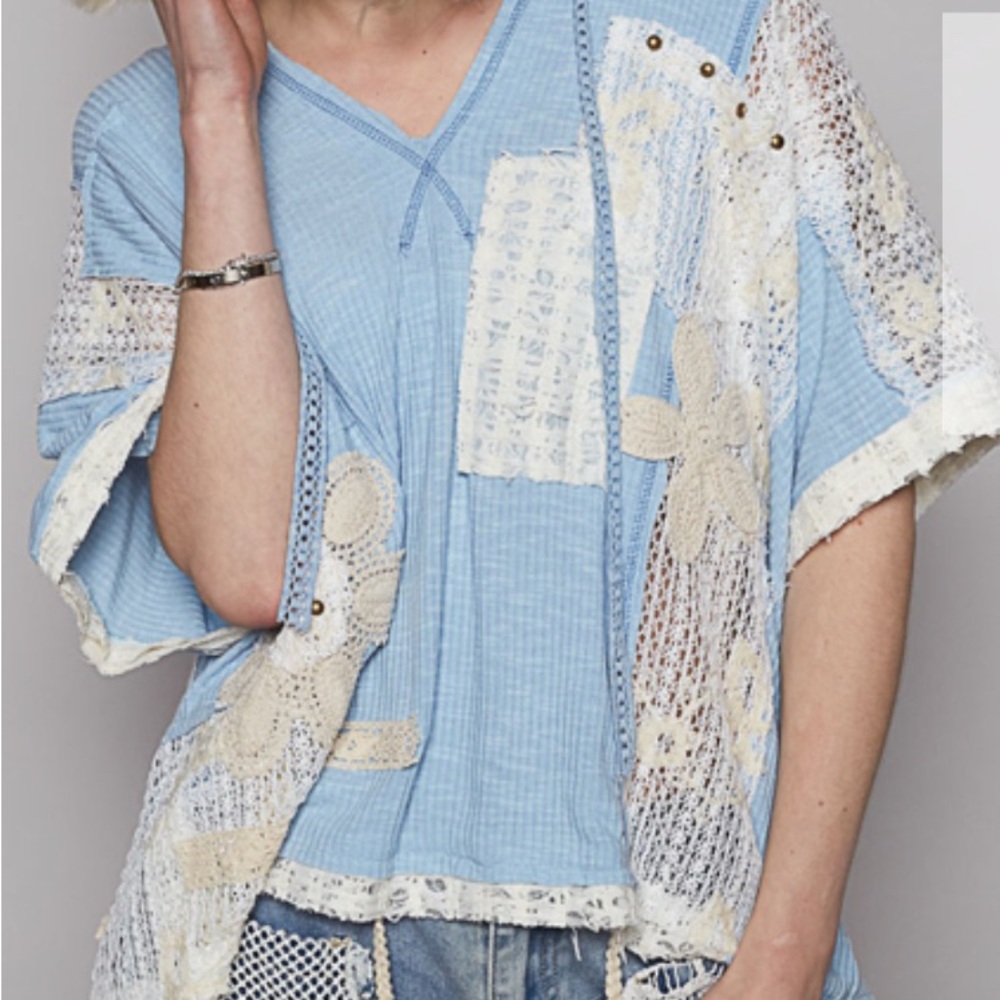 POL V-neck hoodie, relaxed fit top lace embroidered Various sizes BLUE - Picture 3 of 9